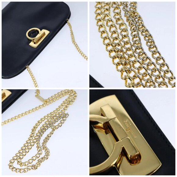 Salvatore Ferragamo Gancini Chain Shoulder Bag Leather Navy Gold Auth 105376 - Picture 16 of 16